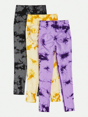 Yoga Trendy 3 piezas Leggings deportivos sin costuras de tie dye con puntada de cintura ancha