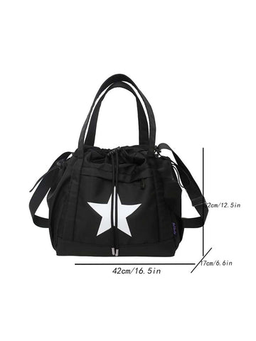 Bolso negro con blanco en contraste con estrella con estampado nailon impermeable de tela