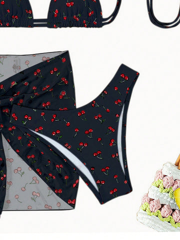 Bikini triángulo halter con estampado de cereza con falda de playa