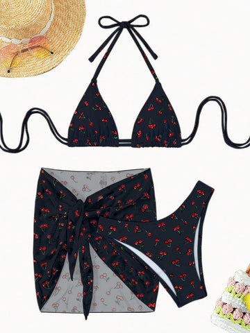 Bikini triángulo halter con estampado de cereza con falda de playa