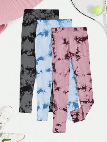 Yoga Trendy 3 piezas Leggings deportivos sin costuras de tie dye con puntada de cintura ancha