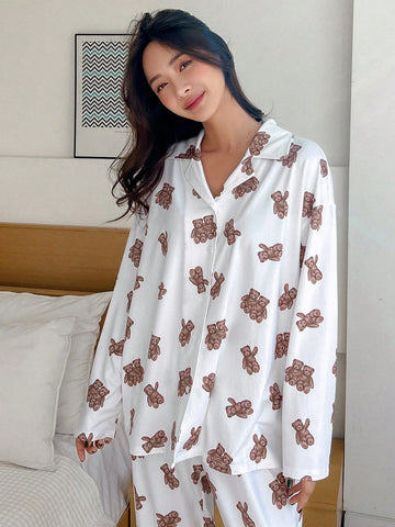 Conjunto de pijama con estampado de oso de dibujos animados de hombros caídos