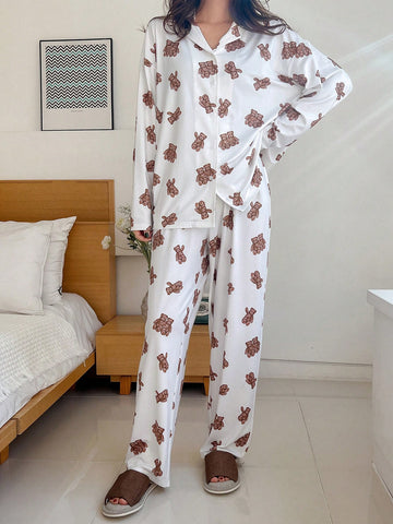 Conjunto de pijama con estampado de oso de dibujos animados de hombros caídos