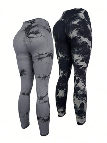 2 piezas Leggings deportivos de tie dye de cintura ancha