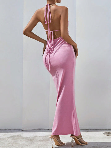 Vestido de vestir de hombro con nudo de espalda abierta bajo sirena