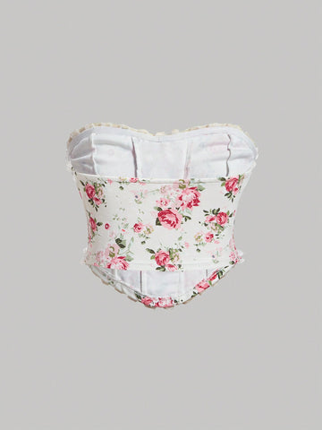 Top bandeau con estampado floral con cordón delantero ribete fruncido