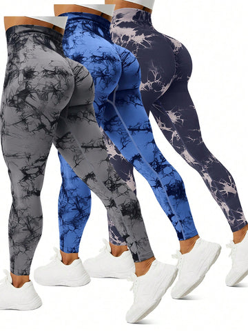 3 piezas Leggings deportivos inconsútil de tie dye de talle alto