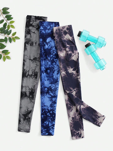 3 piezas Leggings deportivos inconsútil de tie dye de talle alto