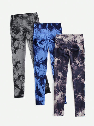 3 piezas Leggings deportivos inconsútil de tie dye de talle alto