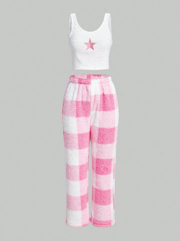 Conjunto de pijama Top tank con estampado de estrella & Pantalones con estampado de cuadros