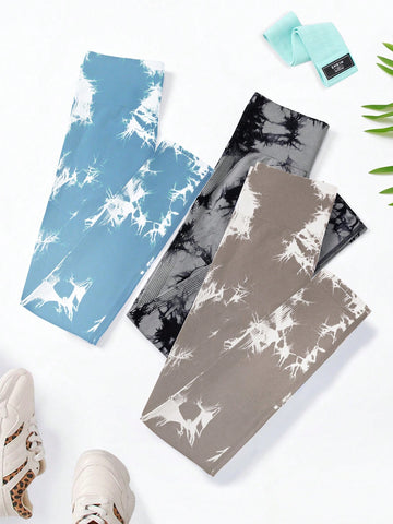 Yoga Trendy 3 piezas Leggings deportivos sin costuras de tie dye con puntada de cintura ancha