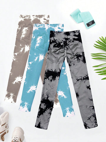 Yoga Trendy 3 piezas Leggings deportivos sin costuras de tie dye con puntada de cintura ancha