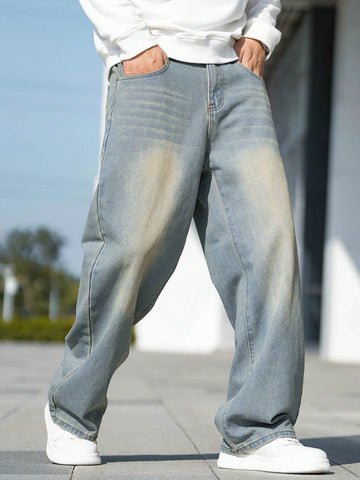 Pantalones Vaqueros Con Bolsillo Inclinado Y Bigotes Para Hombre