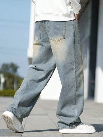 Pantalones Vaqueros Con Bolsillo Inclinado Y Bigotes Para Hombre