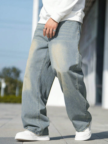 Pantalones Vaqueros Con Bolsillo Inclinado Y Bigotes Para Hombre