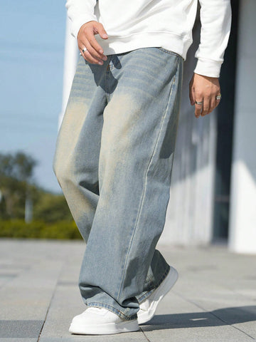 Pantalones Vaqueros Con Bolsillo Inclinado Y Bigotes Para Hombre