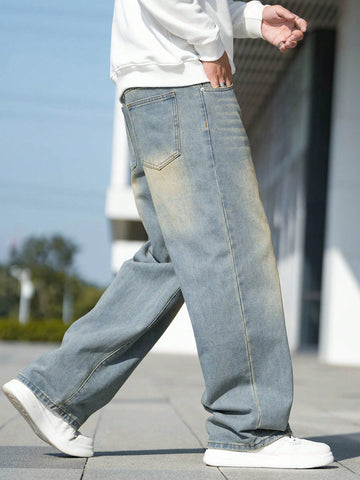 Pantalones Vaqueros Con Bolsillo Inclinado Y Bigotes Para Hombre