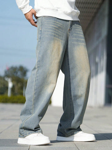 Pantalones Vaqueros Con Bolsillo Inclinado Y Bigotes Para Hombre