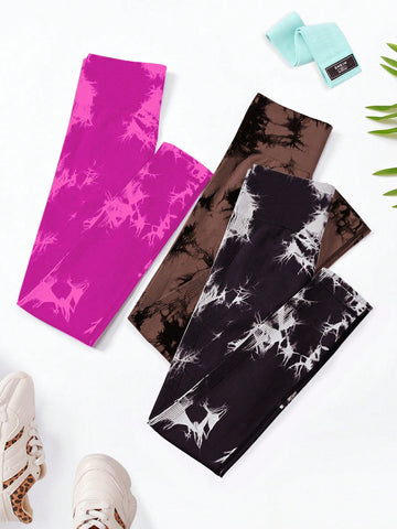 Yoga Trendy 3 piezas Leggings deportivos sin costuras de tie dye con puntada de cintura ancha