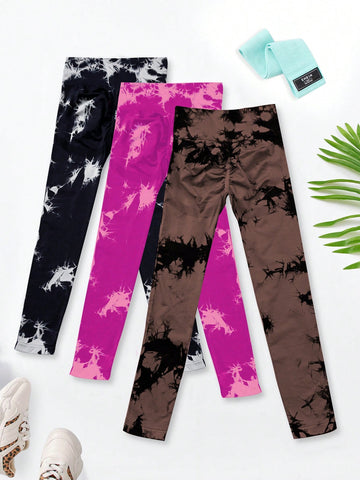 Yoga Trendy 3 piezas Leggings deportivos sin costuras de tie dye con puntada de cintura ancha