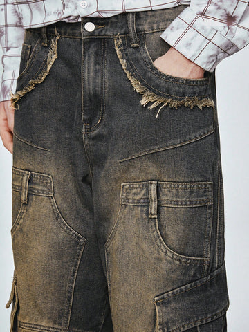 Pantalones De Mezclilla Casuales Sueltos Para Hombres Con Diseño De Bolsillo Falso