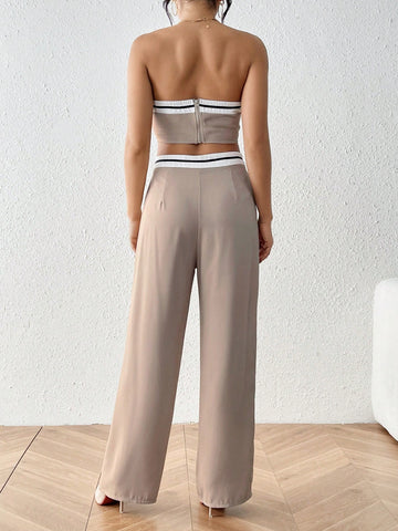 Top bandeau ribete en contraste & Pantalones de pierna ancha