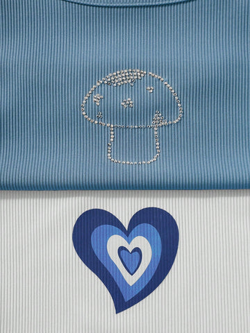 4 piezas Top tank con estampado de corazón y letra con cordón lateral