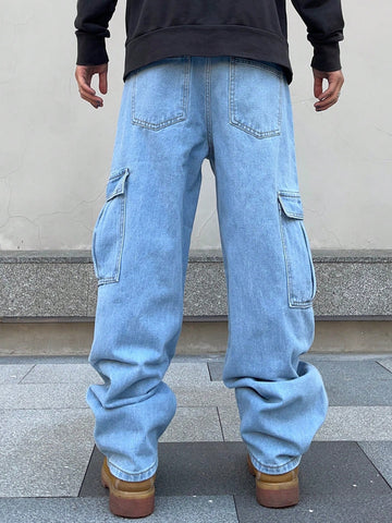 Jeans De Carga Para Hombre Con Bolsillo De Solapa Y Bolsillo Lateral