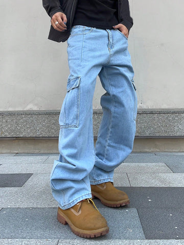 Jeans De Carga Para Hombre Con Bolsillo De Solapa Y Bolsillo Lateral