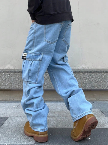 Jeans De Carga Para Hombre Con Bolsillo De Solapa Y Bolsillo Lateral