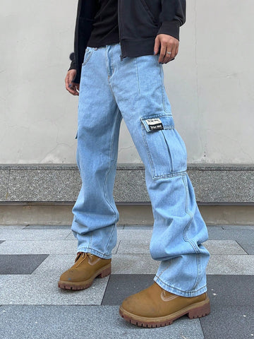 Jeans De Carga Para Hombre Con Bolsillo De Solapa Y Bolsillo Lateral