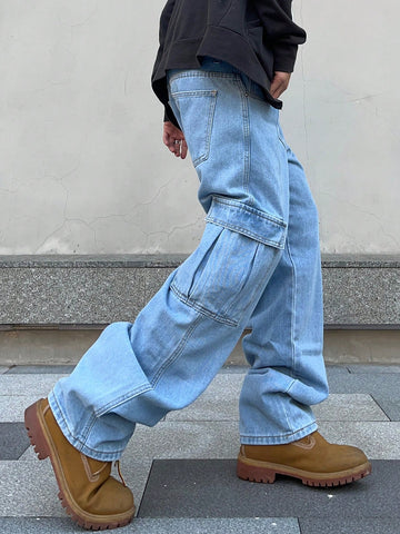 Jeans De Carga Para Hombre Con Bolsillo De Solapa Y Bolsillo Lateral