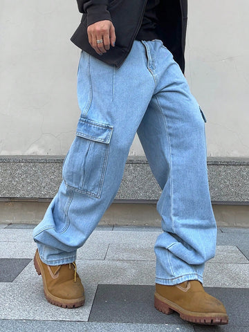 Jeans De Carga Para Hombre Con Bolsillo De Solapa Y Bolsillo Lateral