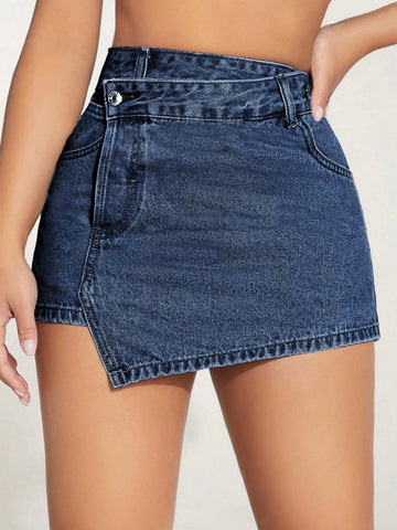 Shorts Vaqueros Con Dobladillo Irregular Y Cintura Alta