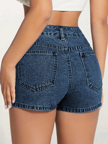 Shorts Vaqueros Con Dobladillo Irregular Y Cintura Alta