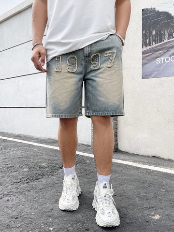 Bermudas De Mezclilla Para Hombre Con Parches De Letras