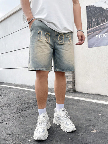 Bermudas De Mezclilla Para Hombre Con Parches De Letras