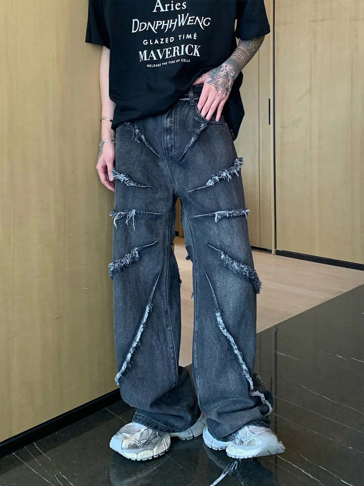 Vaqueros De Pierna Recta Suelta Para Hombres Con Dobladillo Sin Procesar