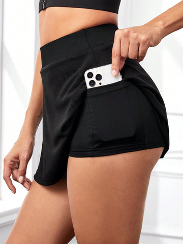 Skort deportivo de cintura ancha fruncido con bolsillo para teléfono