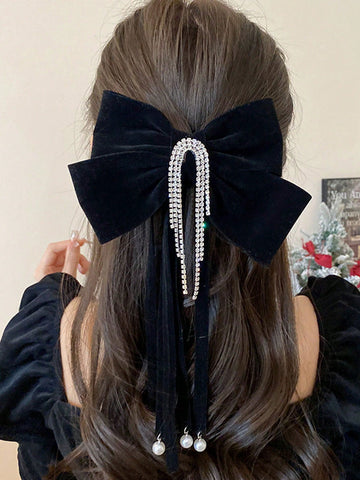 1 Pieza Pinza De Pelo De Terciopelo Con Decoración De Diamantes De Imitación Y Perlas