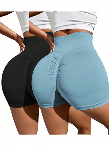 2 Piezas Pantalones Cortos Deportivos Sin Costuras Con Textura En Las Nalgas Para Entrenamiento