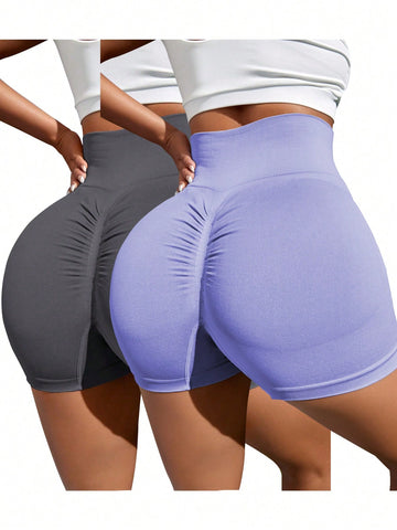 2 Piezas Pantalones Cortos Deportivos Sin Costuras Con Textura En Las Nalgas Para Entrenamiento