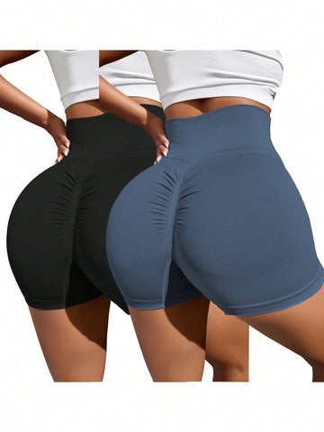 2 Piezas Pantalones Cortos Deportivos Sin Costuras Con Textura En Las Nalgas Para Entrenamiento